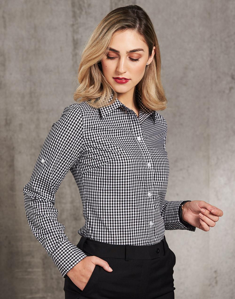 Ladies’ Gingham Check Long Sleeve Shirt - Black/White - Model