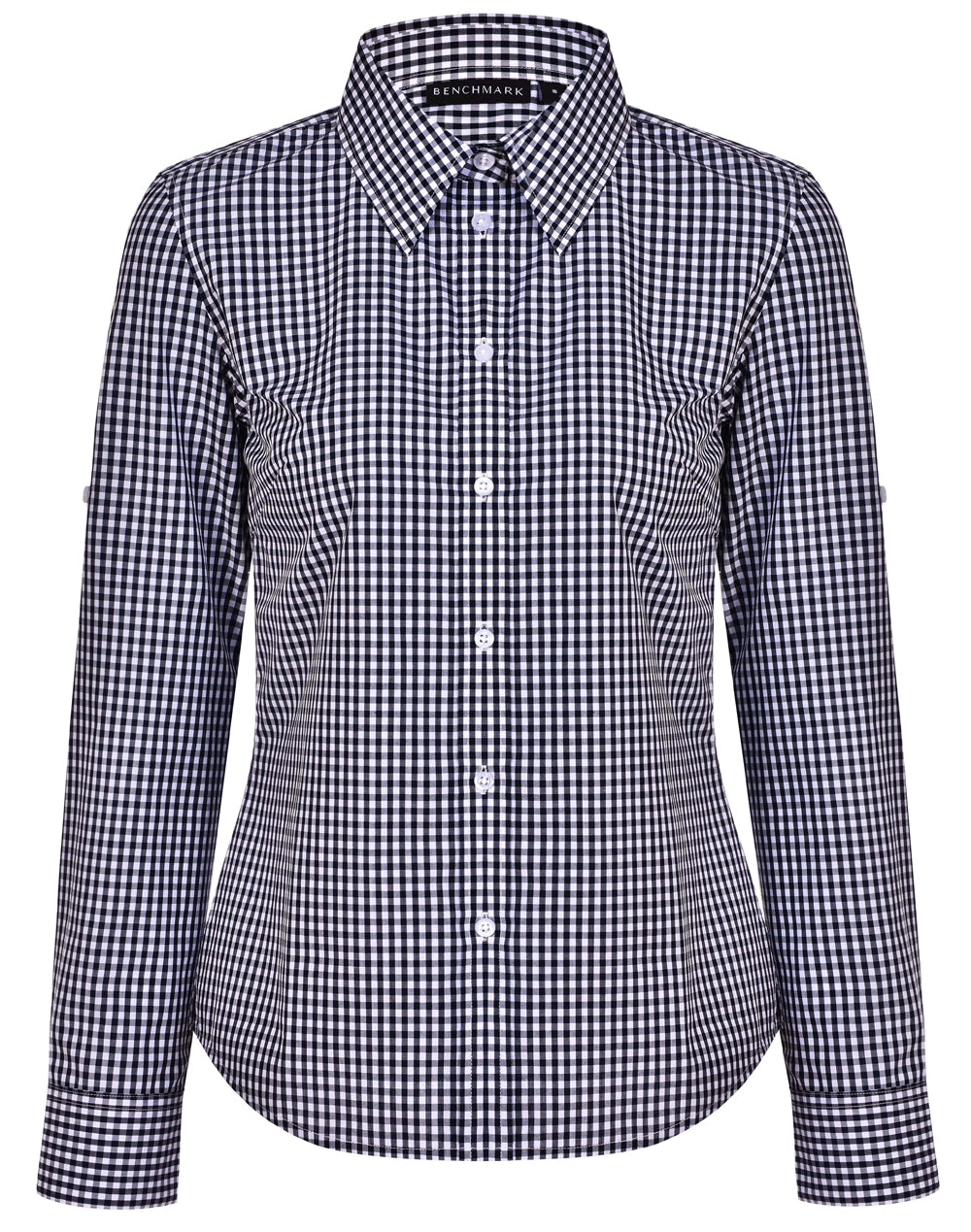 Ladies’ Gingham Check Long Sleeve Shirt - Navy/White - Front