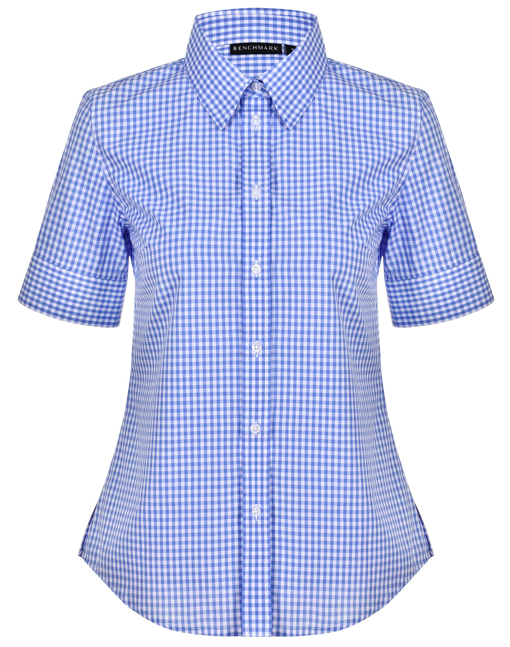 Ladies’ Gingham Check Short Sleeve Shirt - Skyblue/White - Front