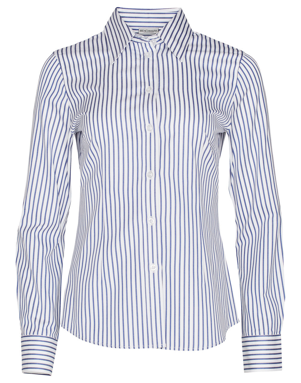 Ladies' Executive Sateen Stripe Long Sleeve Shirt - White/Cobalt - Front