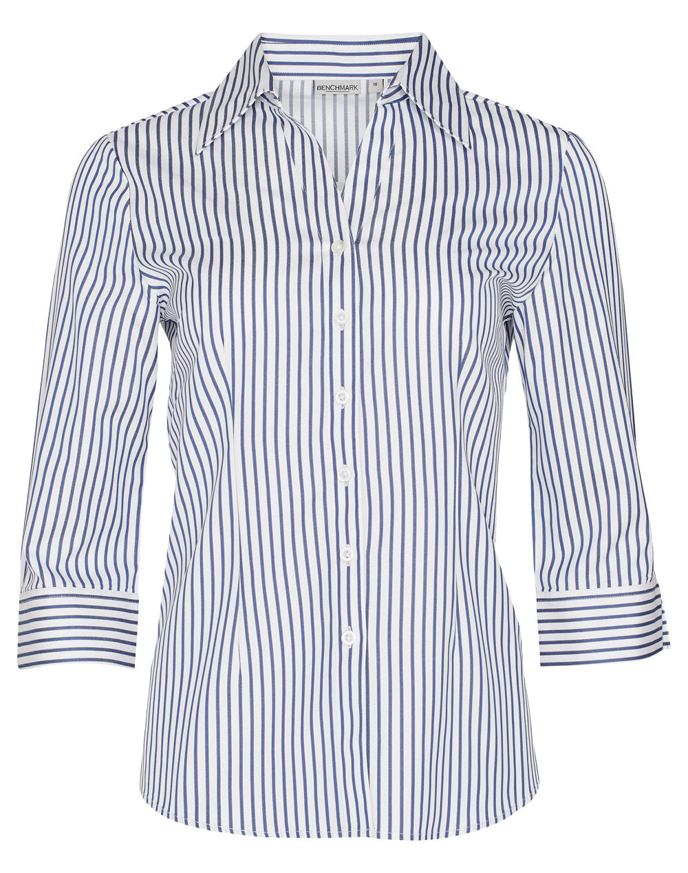 Women's Executive Sateen Stripe 3/4 Sleeve Shirt - White/Cobalt - Front