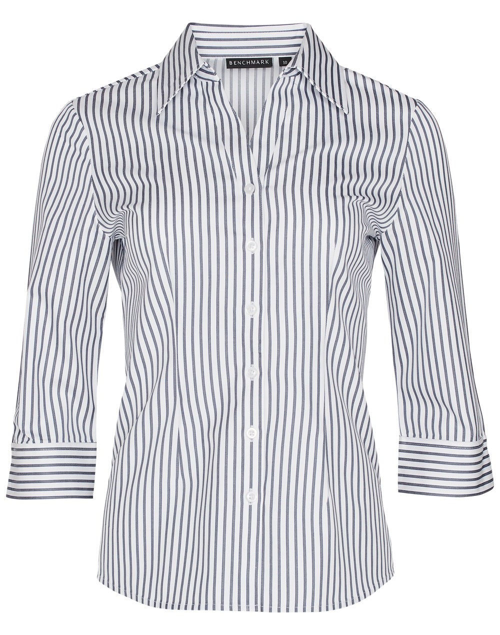 Women's Executive Sateen Stripe 3/4 Sleeve Shirt - White/Grey - Front