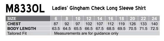 Ladies’ Gingham Check Long Sleeve Shirt - Size guide