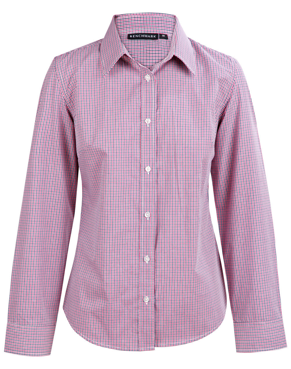 Ladies’ Two Tone Mini Gingham Long Sleeve Shirt - Black/White/Red - Front