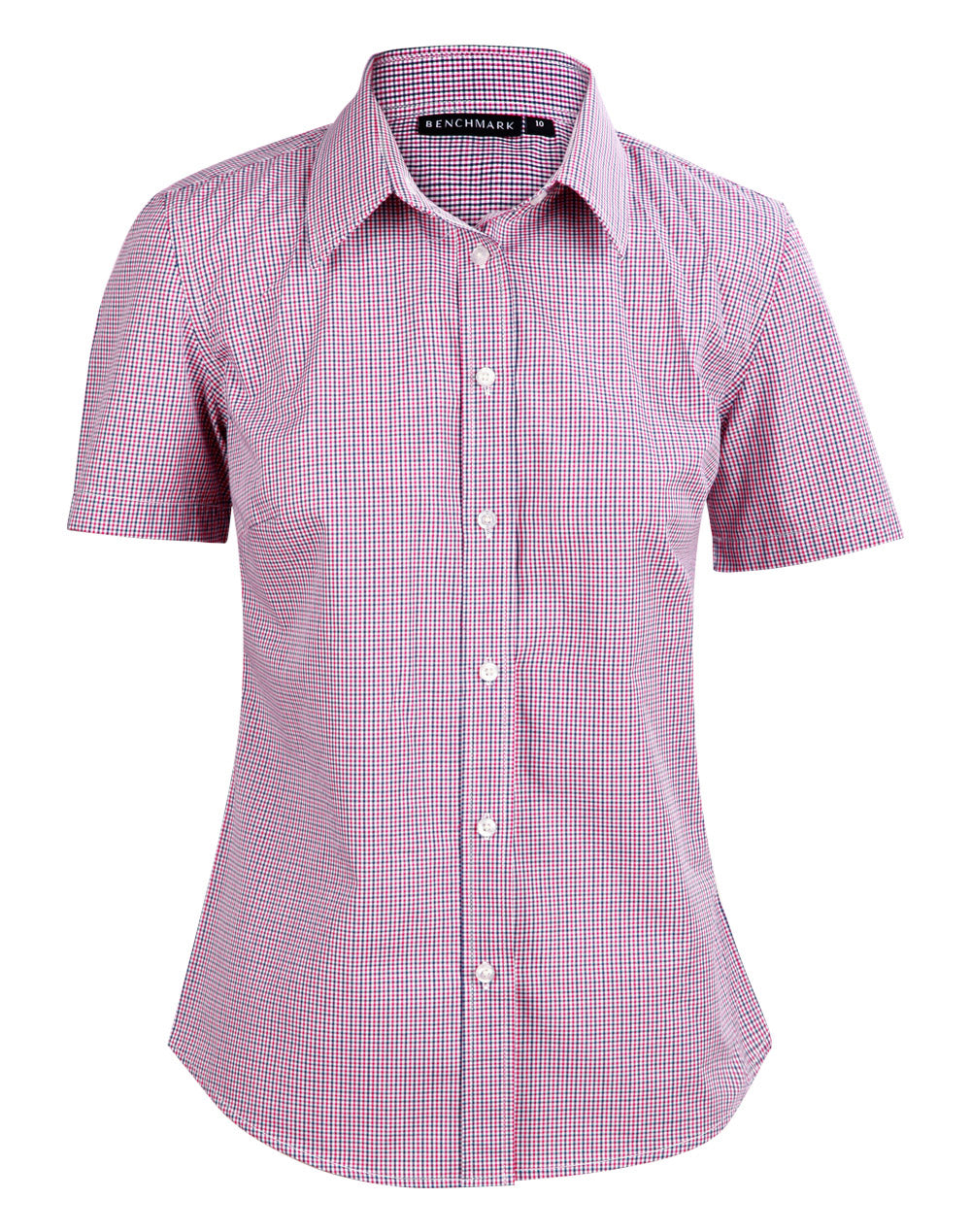 Ladies’ Two Tone Mini Gingham Short Sleeve Shirt - Black/White/Red - Front