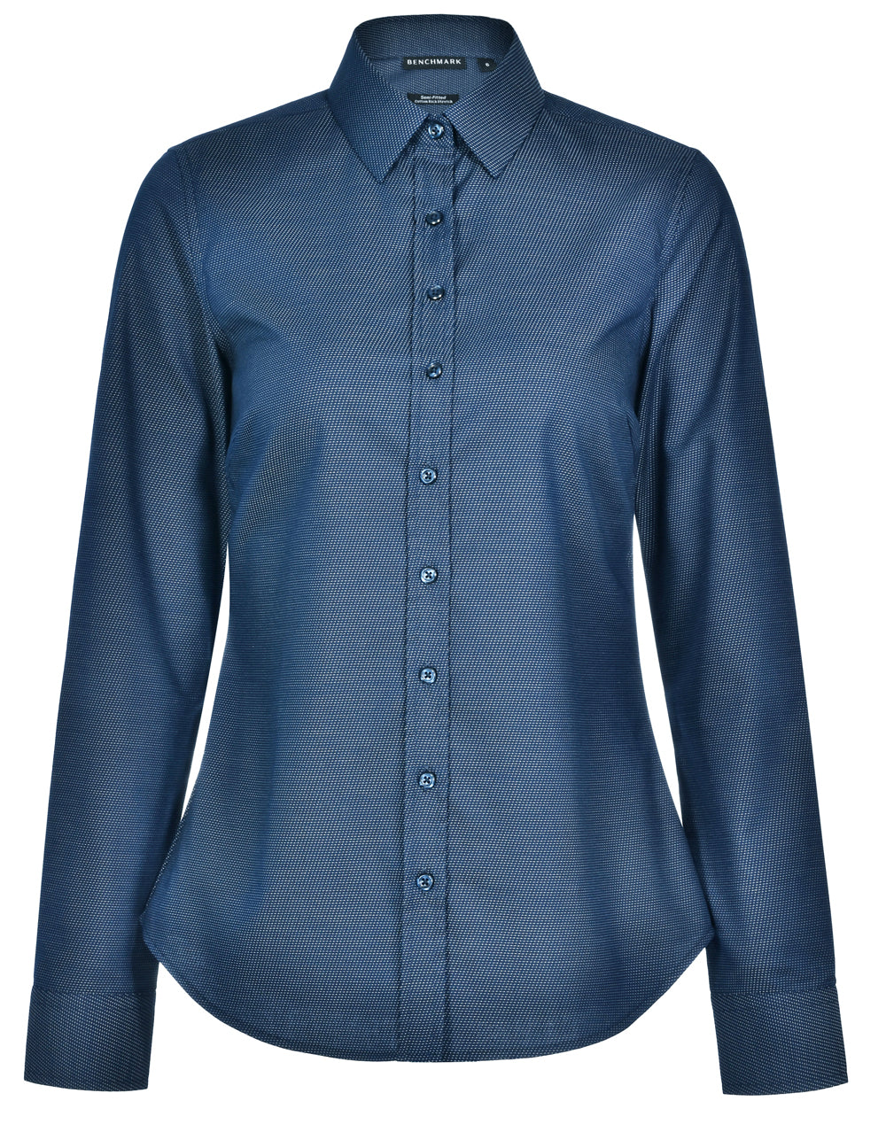 Ascot Ladies Long Sleeve Dot Jacquard Stretch Shirt - Ocean Blue - Front