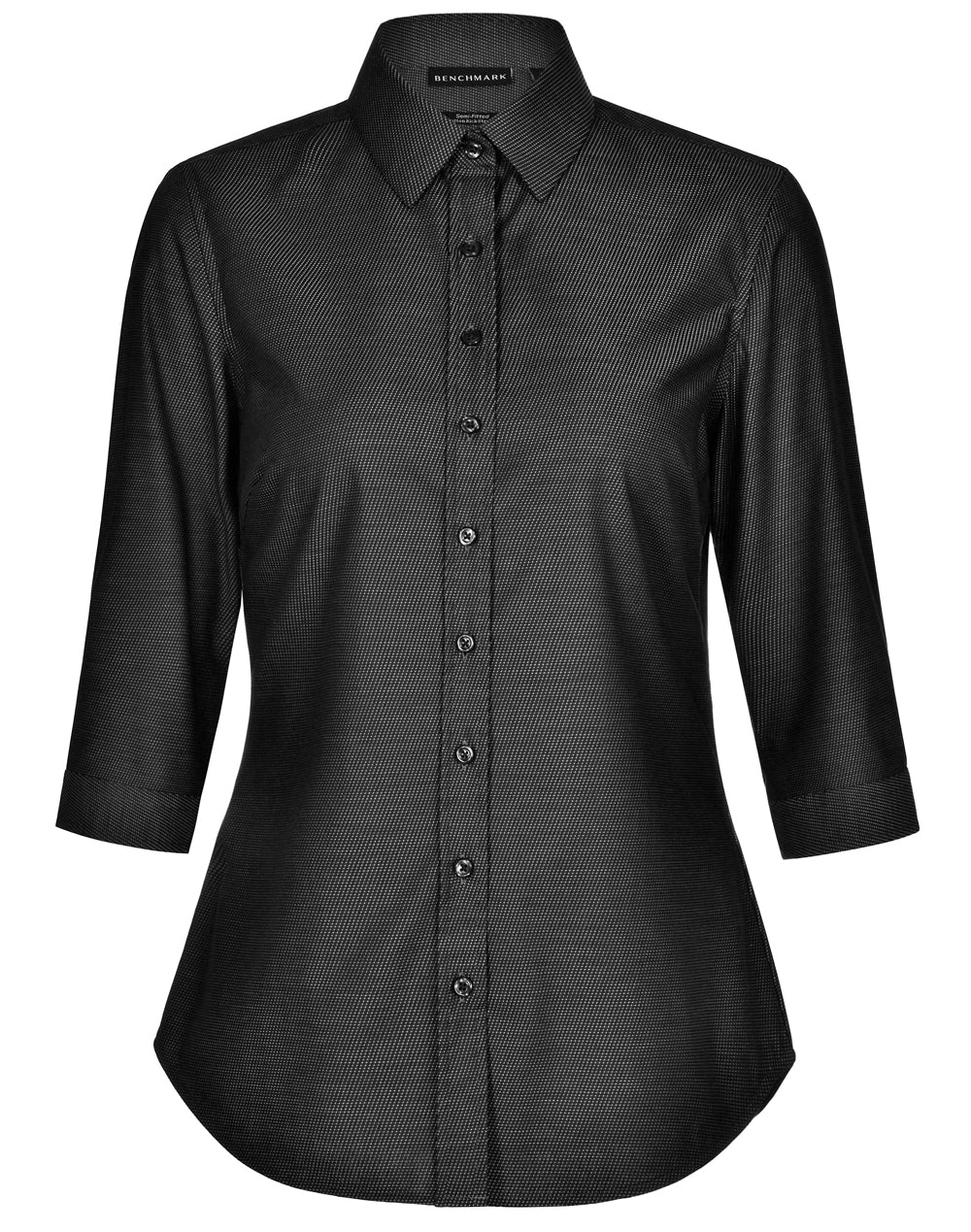 Ascot Ladies 3/4 Sleeve Dot Jacquard Stretch Shirt - Black - Front