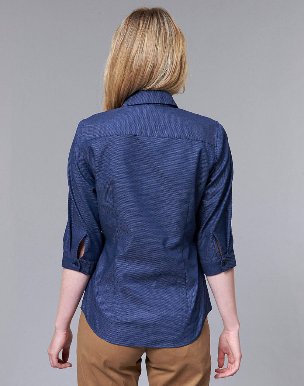 Ascot Ladies 3/4 Sleeve Dot Jacquard Stretch Shirt - Navy - Back
