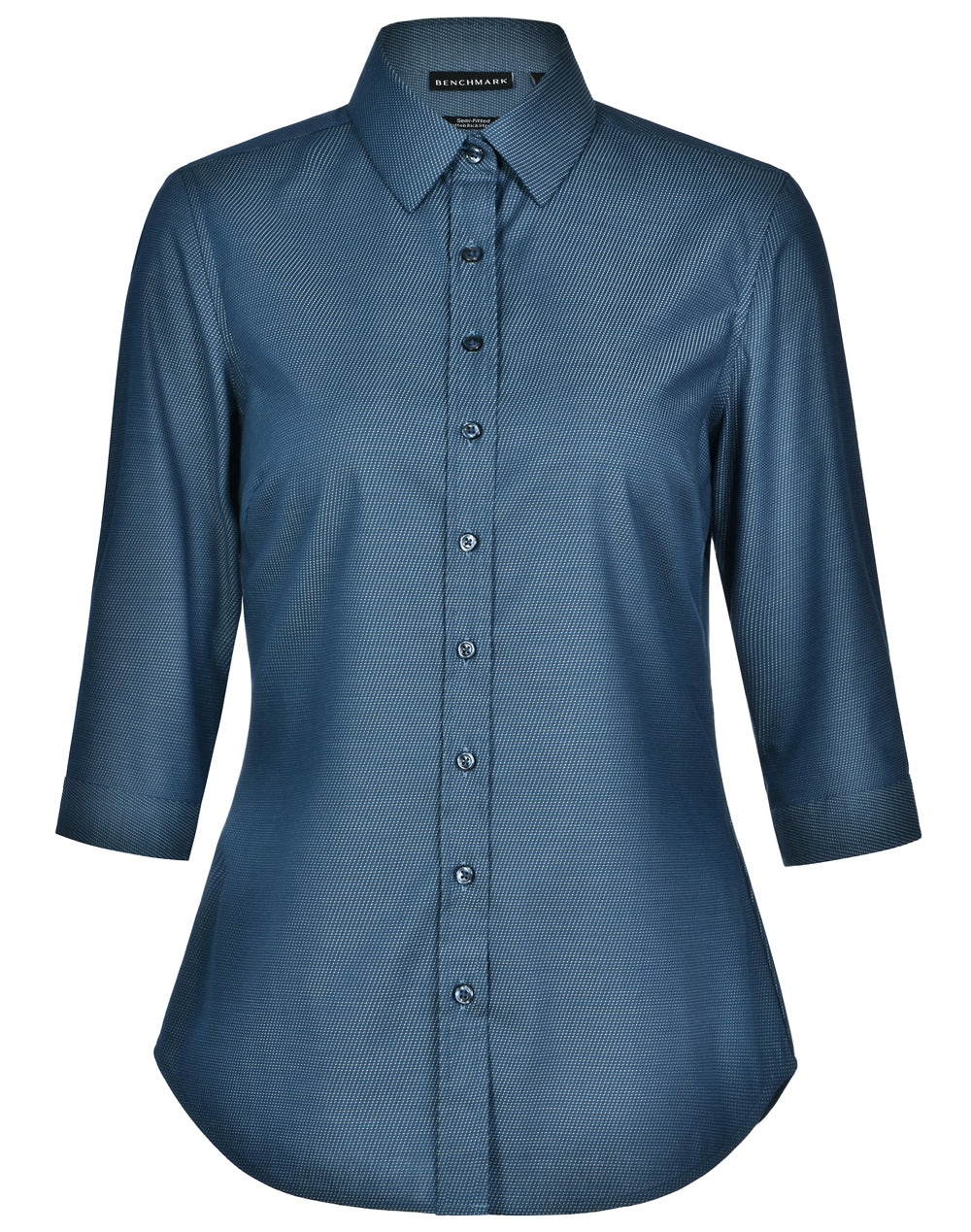 Ascot Ladies 3/4 Sleeve Dot Jacquard Stretch Shirt - Ocean Blue - Front