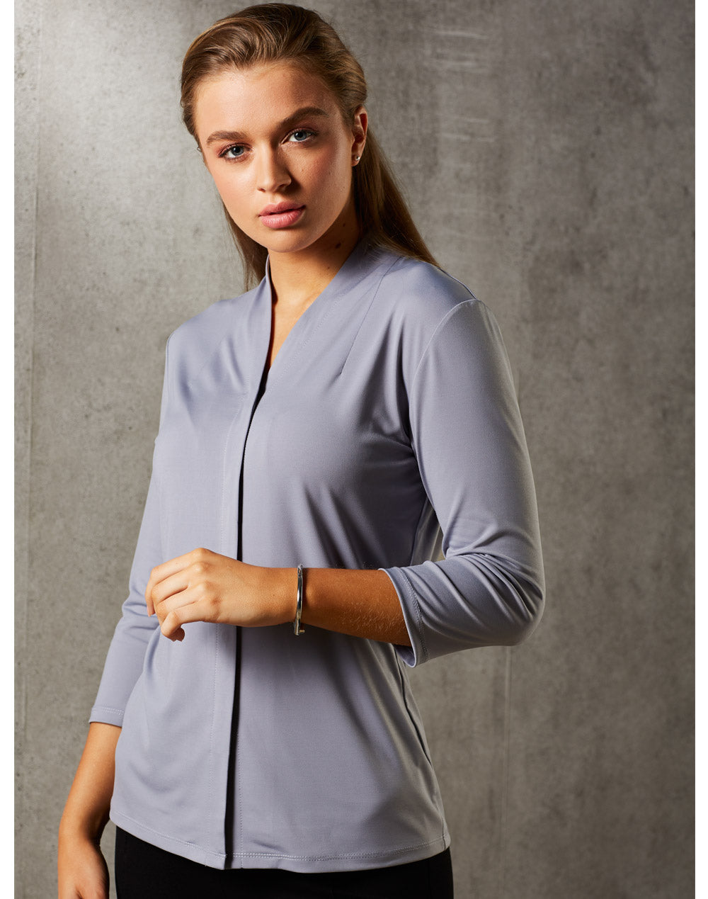 Ladies 3/4 Sleeve Stretch Knit Top Isabel - Dusk Grey - Model