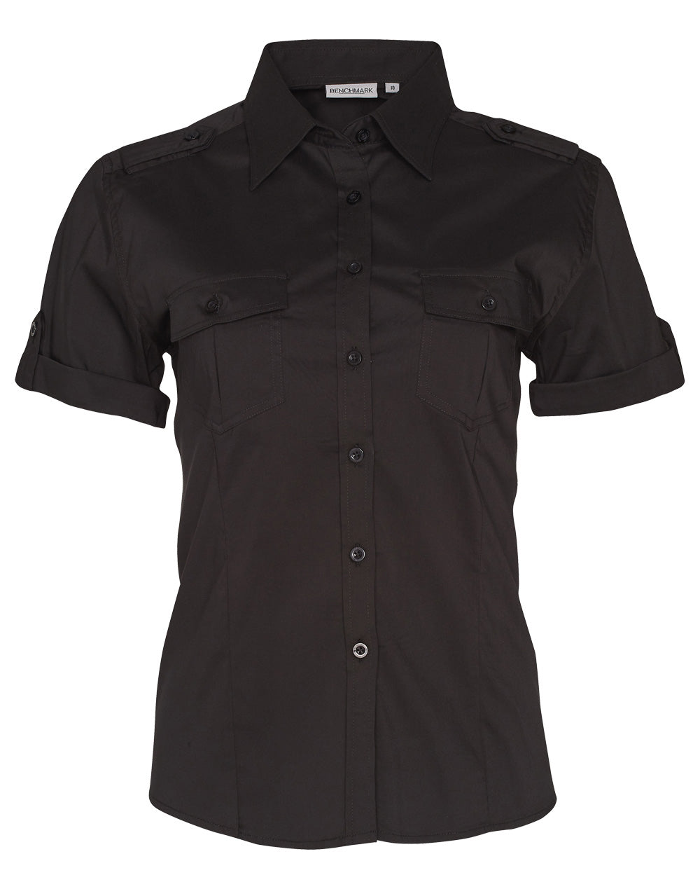 Women's Short Sleeve Military Shirt - Black - Front