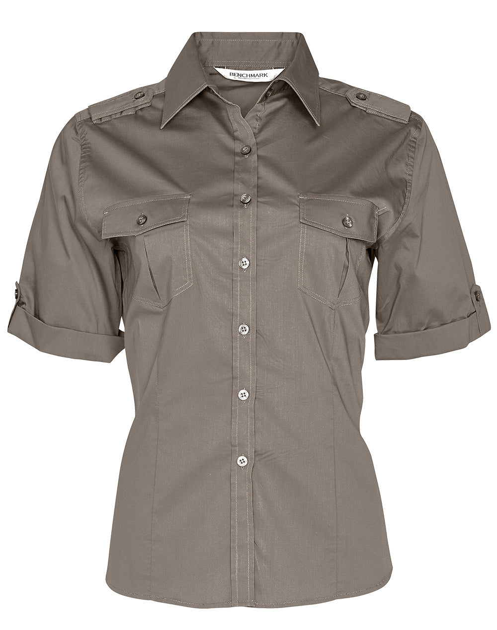 Women's Short Sleeve Military Shirt - Khaki - Front
