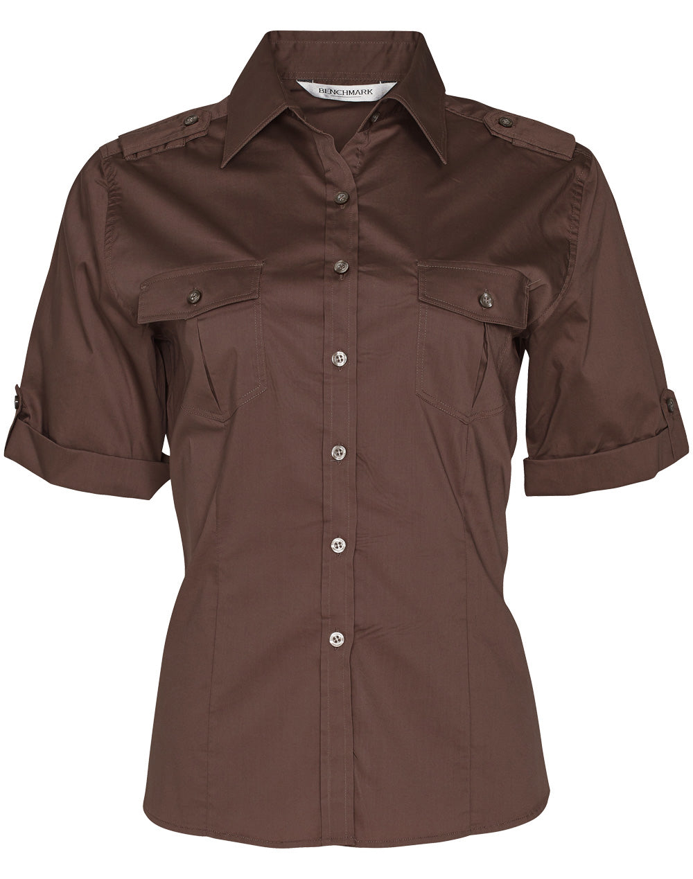 Women's Short Sleeve Military Shirt - Mocha - Front