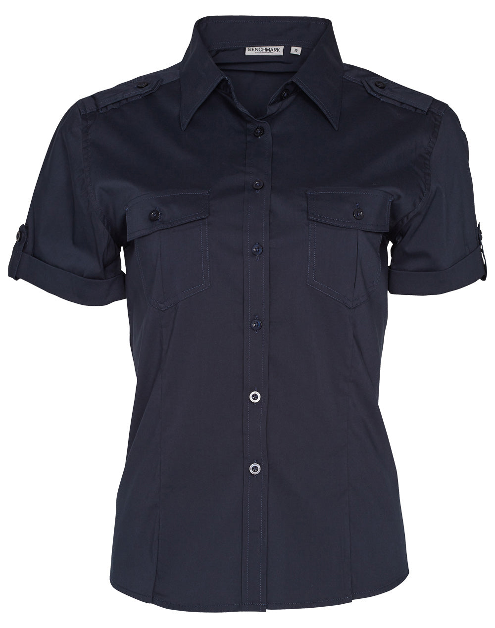 Women's Short Sleeve Military Shirt - Navy - Front