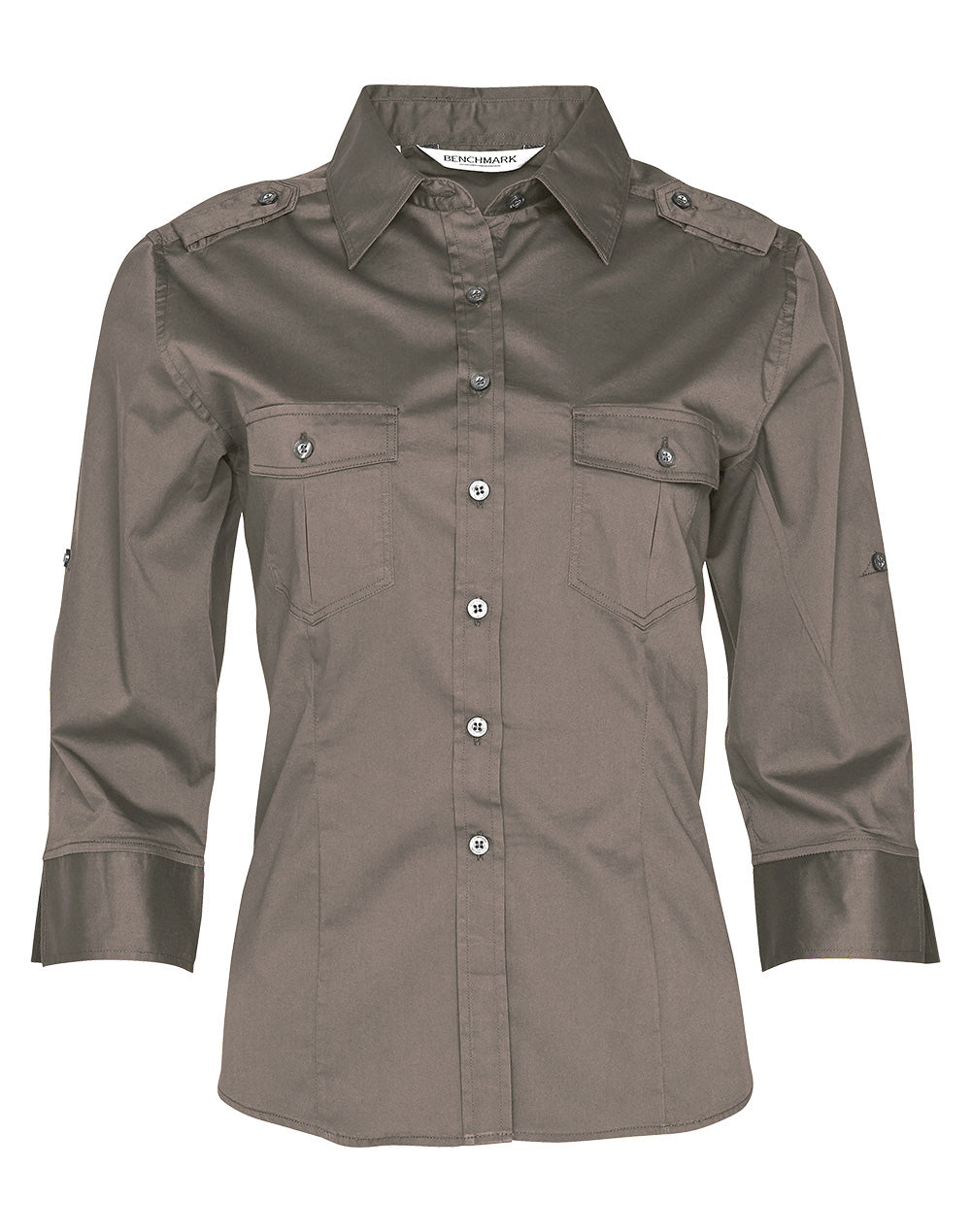 Women's 3/4 Sleeve Military Shirt - Khaki - Front