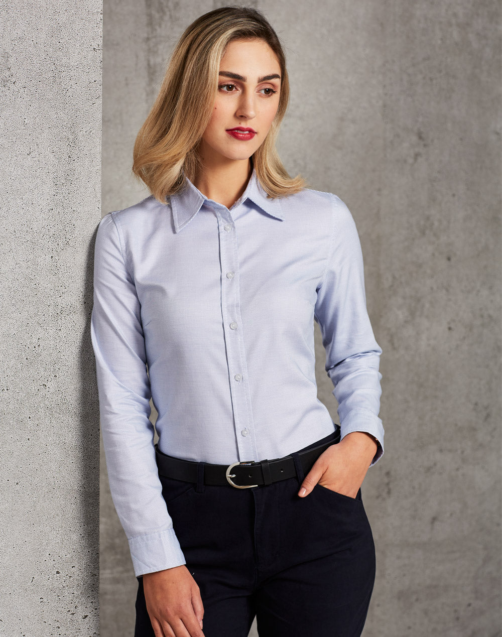 Ladies’ Dot Contrast Long Sleeve Shirt - White/Blue Dot - Model