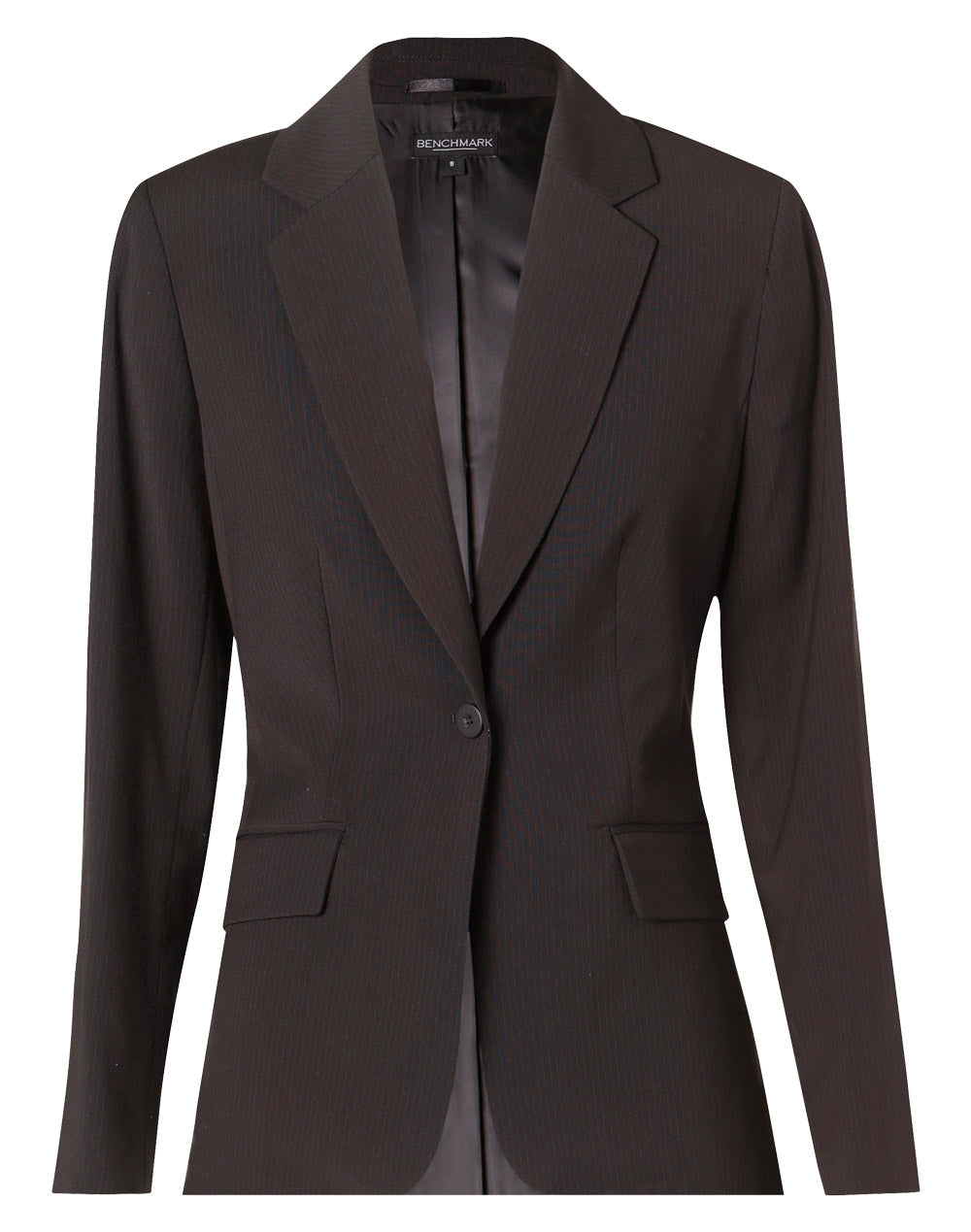 Women's Poly/Viscose Stretch Stripe One Button Cropped Jacket - Black/Charcoal - Front