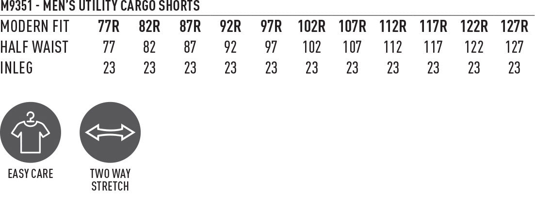Mens Utility Cargo Shorts - Size guide