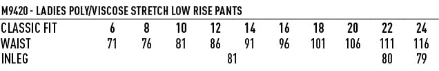 Women's Poly/Viscose Stretch Low Rise Pants - Size guide