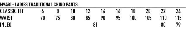 Women's Chino Pants - Size guide