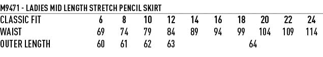 Women's Poly/Viscose Stretch Mid Length Lined Pencil Skirt - Size guide