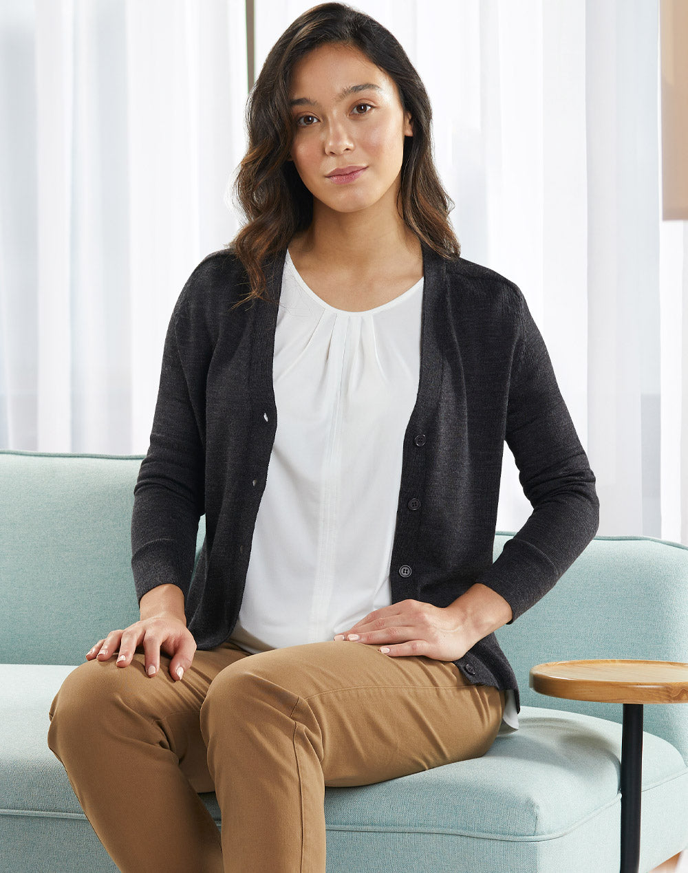 Women's V-Neck Long Sleeve Cardigan - Charcoal - View