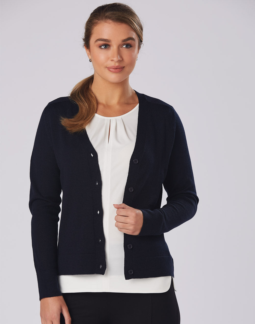 Women's V-Neck Long Sleeve Cardigan - Navy - Model