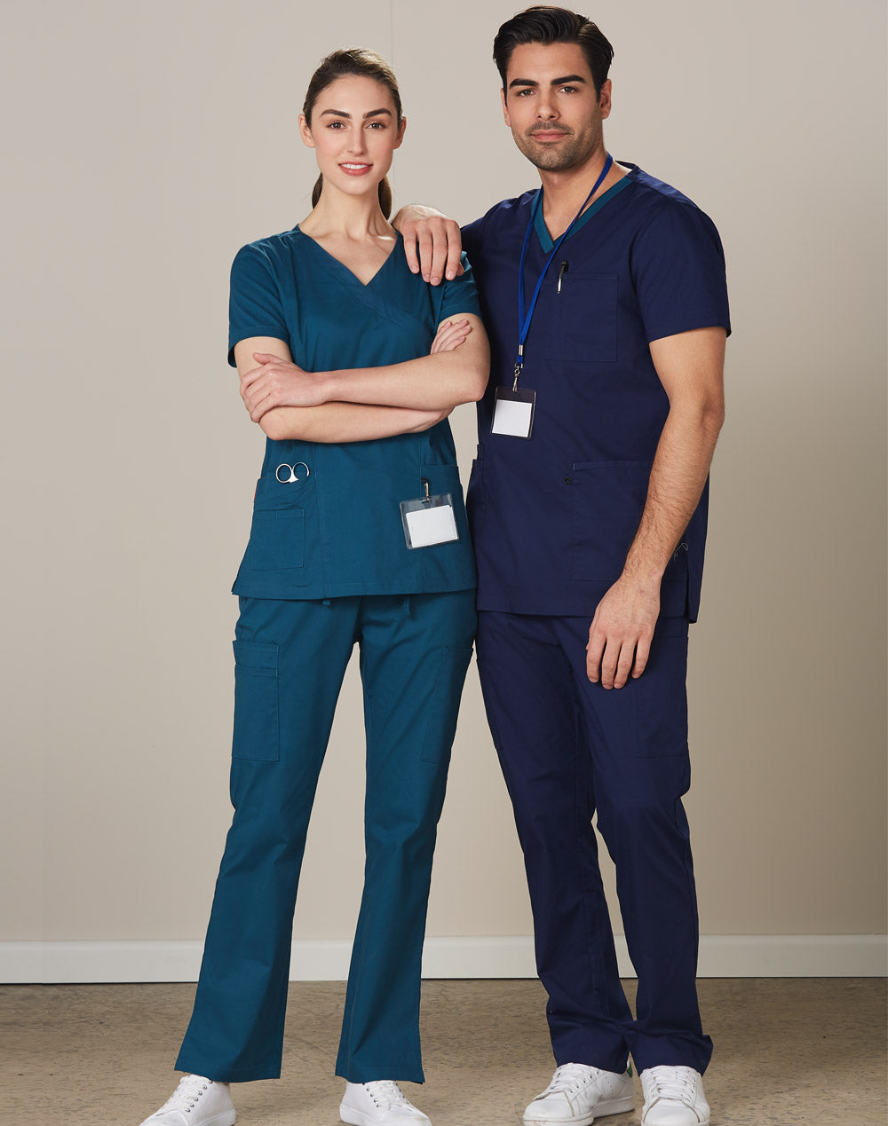 Ladies Semi-Elastic Waist Tie Solid Colour Scrub Pants - Teal - View