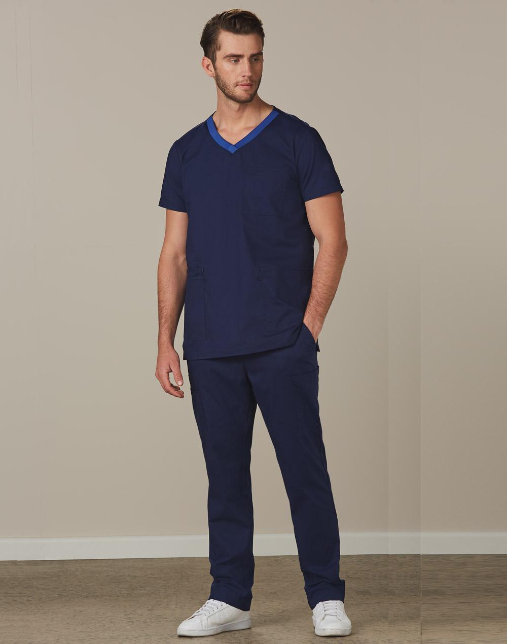 Mens Semi-Elastic Waist Tie Solid Colour Scrub Pants