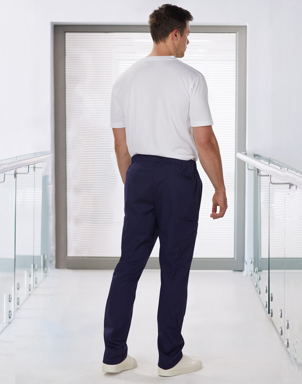 Mens Semi-Elastic Waist Tie Solid Colour Scrub Pants - Navy - Back