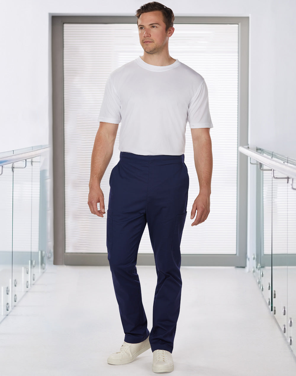 Mens Semi-Elastic Waist Tie Solid Colour Scrub Pants - Navy - View