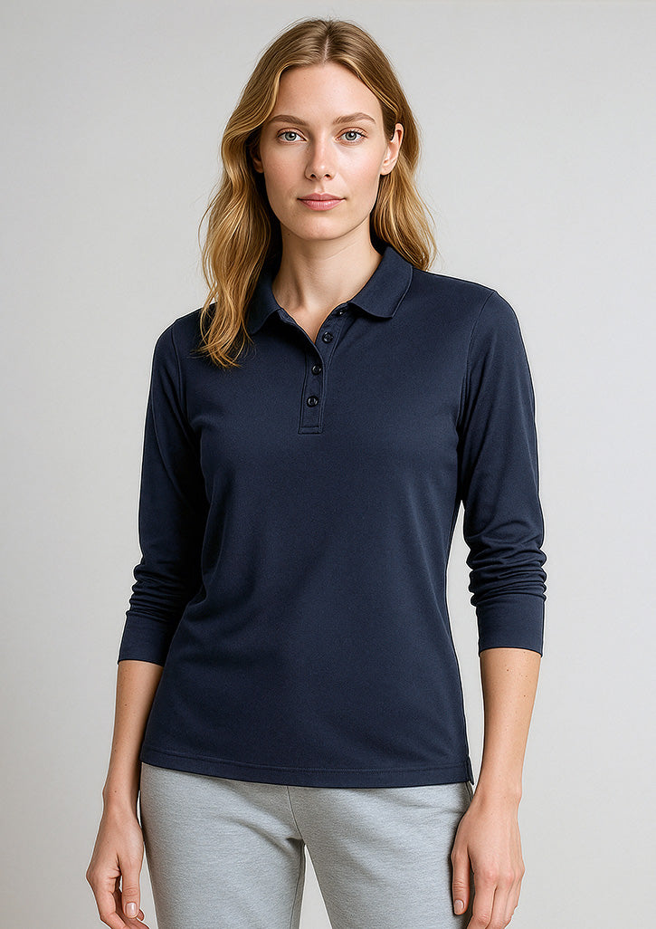 Action Womens Long Sleeve Polo - Navy - Model