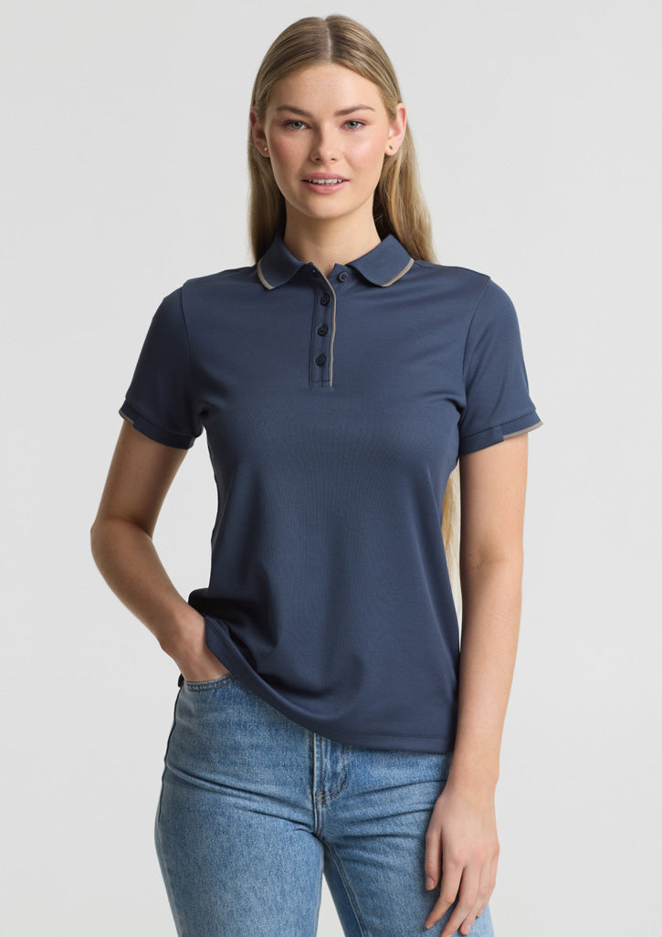 Focus Womens Short Sleeve Polo - Storm Blue/Taupe - Model