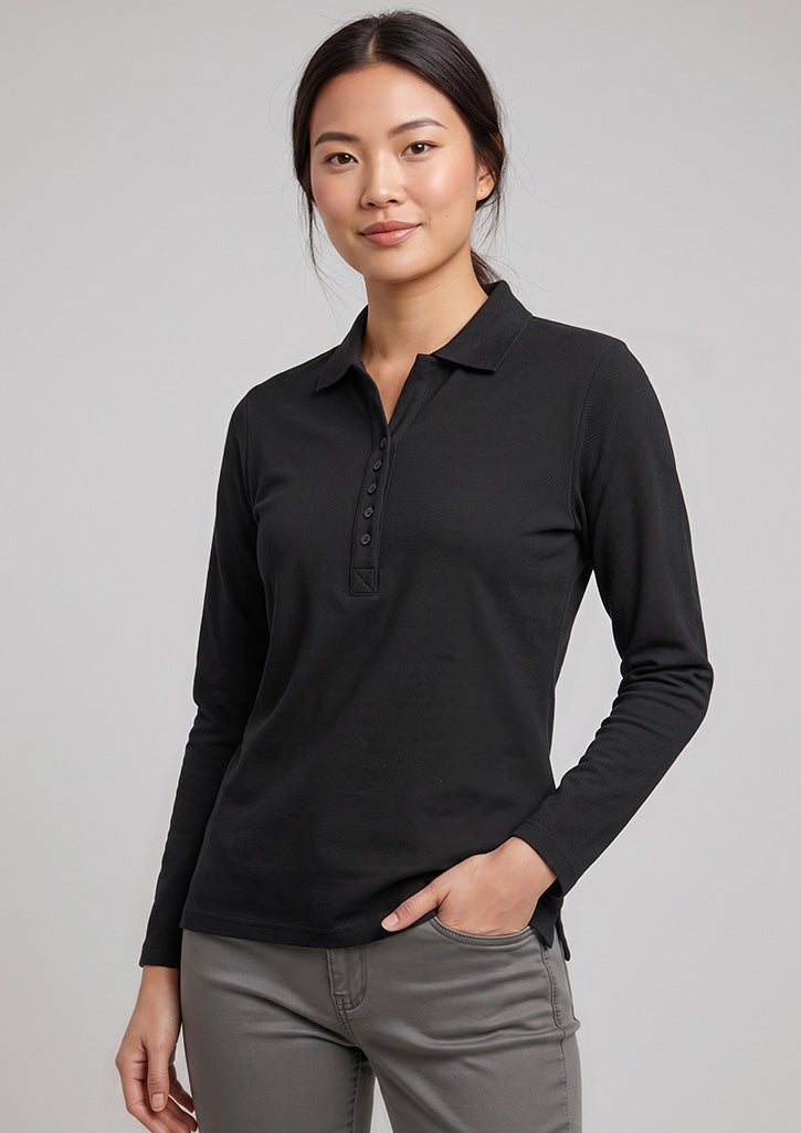 Crew Womens Long Sleeve Polo - Black - Model