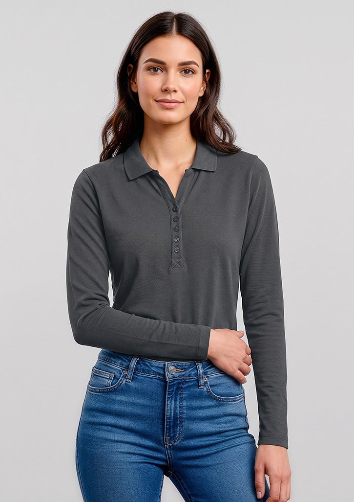 Crew Womens Long Sleeve Polo - Charcoal - Model