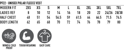 Bromley Polar Fleece Vest Unisex - Size guide