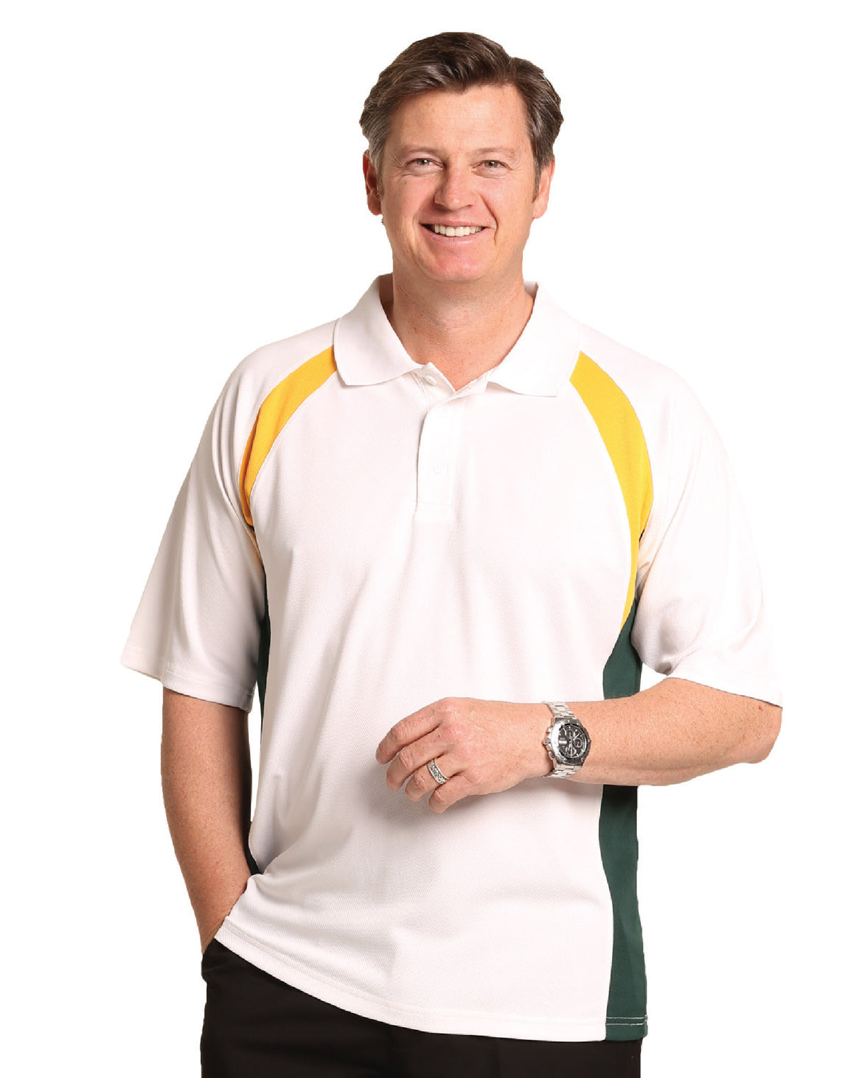 Tri Sport Polo - White/Gold/Bottle - Front