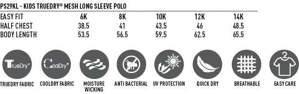 Cricket Polo Long Sleeve Kids' - Size guide