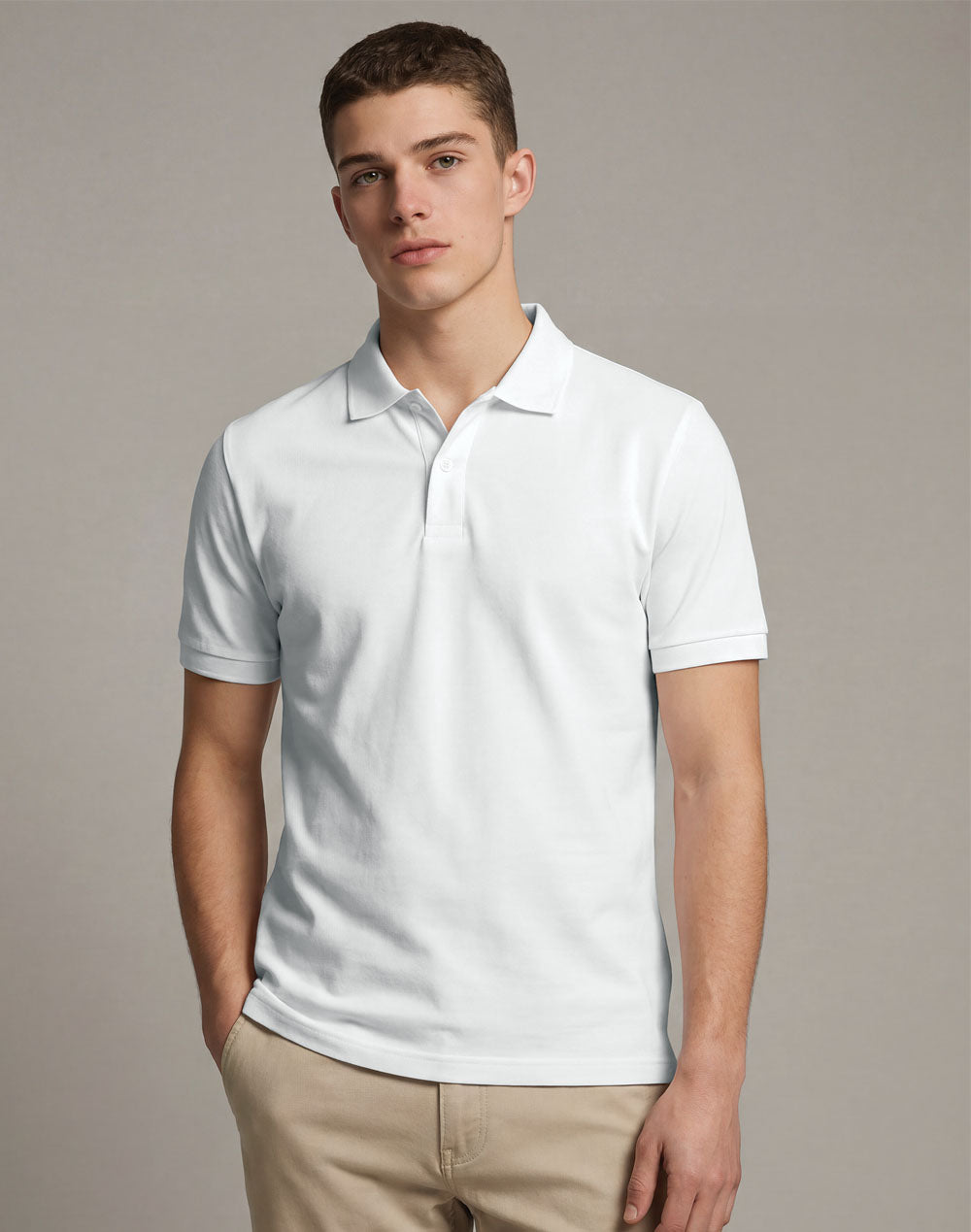 Mens Ultrafine Cotton Pique Short Sleeve Polo - White - Model