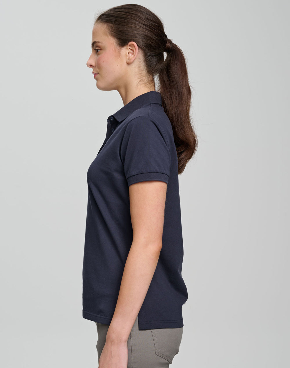 Ladies Ultrafine Cotton Pique Short Sleeve Polo - Navy - Model
