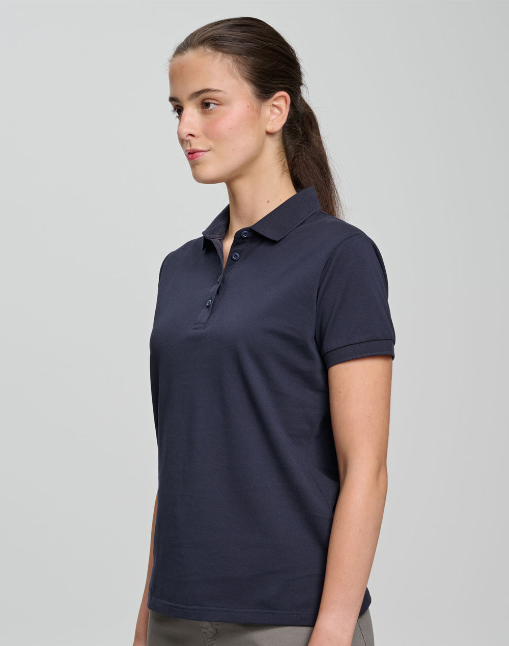 Ladies Ultrafine Cotton Pique Short Sleeve Polo - Navy - Model