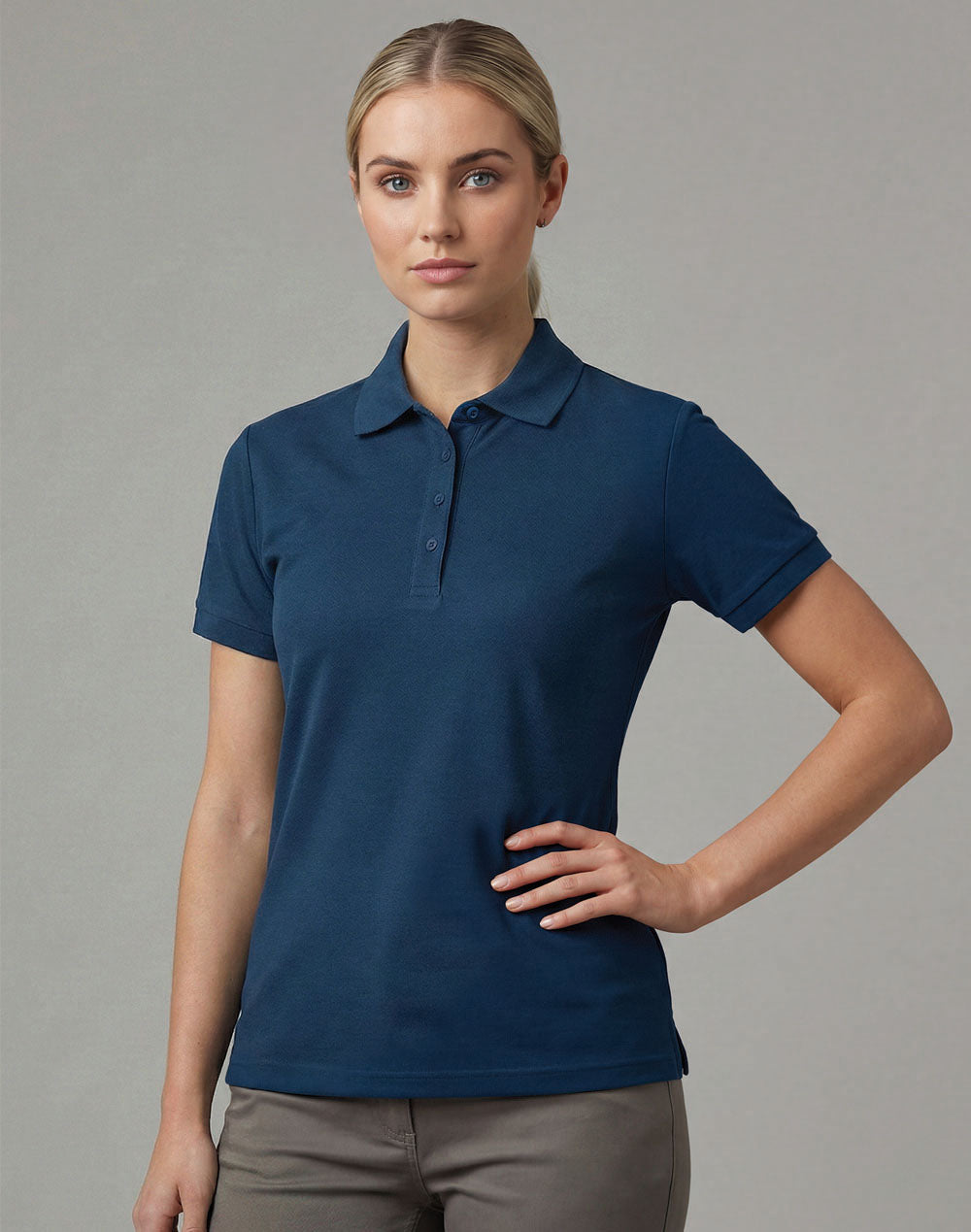 Ladies Ultrafine Cotton Pique Short Sleeve Polo - Ocean Blue - Model