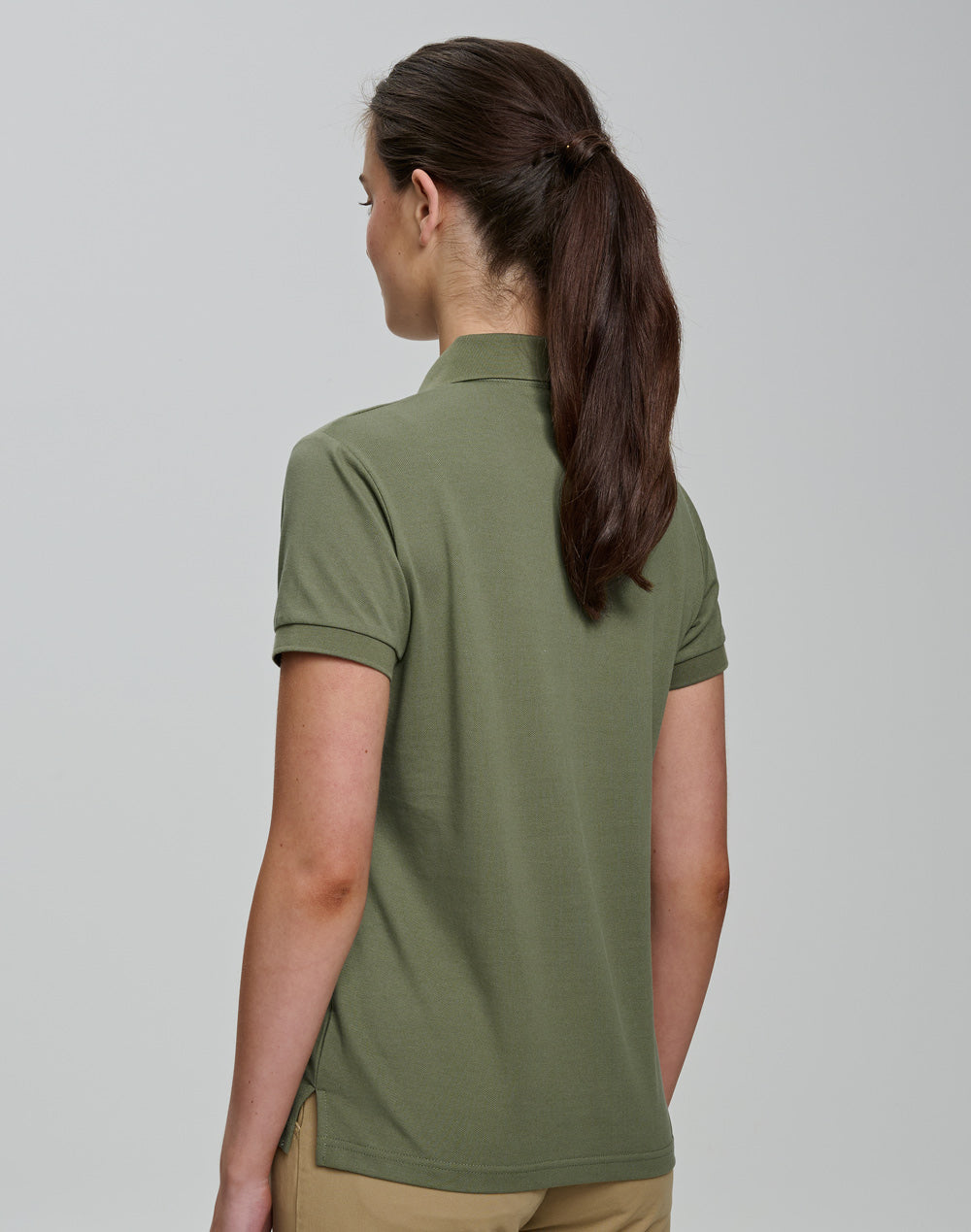 Ladies Ultrafine Cotton Pique Short Sleeve Polo - Olive Green - Model