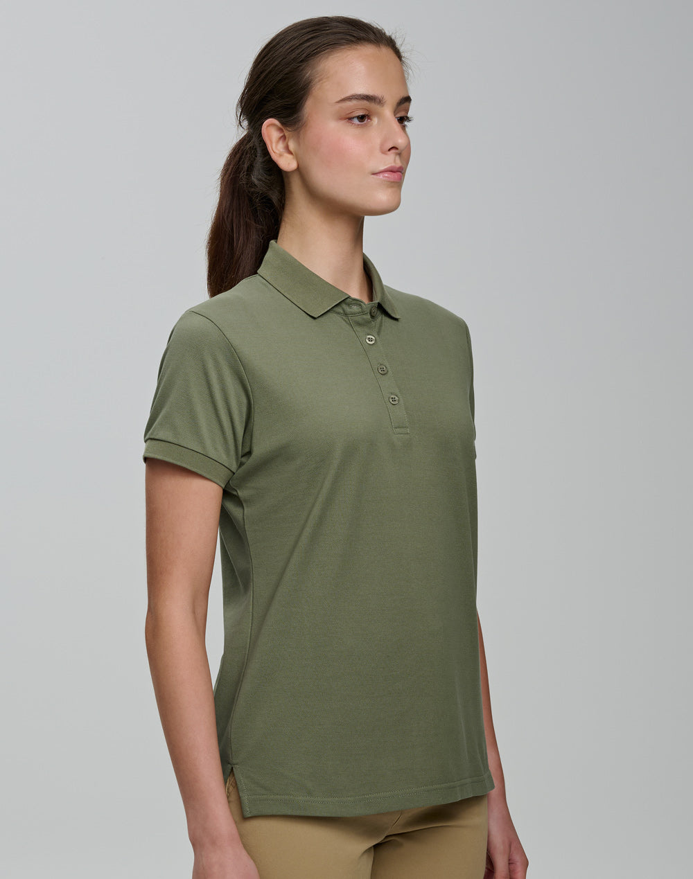 Ladies Ultrafine Cotton Pique Short Sleeve Polo - Olive Green - Model