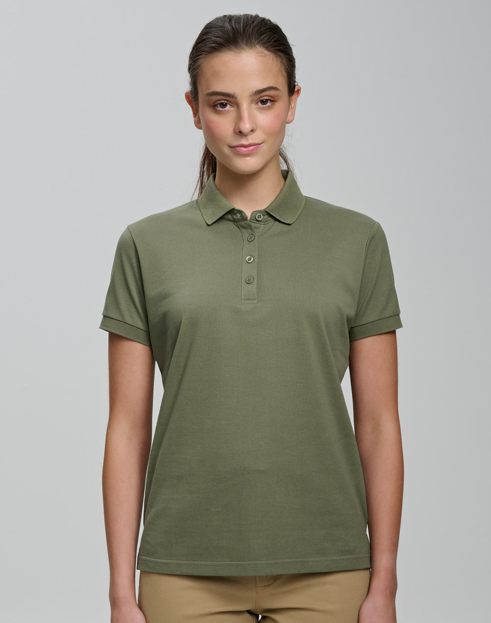 Ladies Ultrafine Cotton Pique Short Sleeve Polo - Olive Green - Model