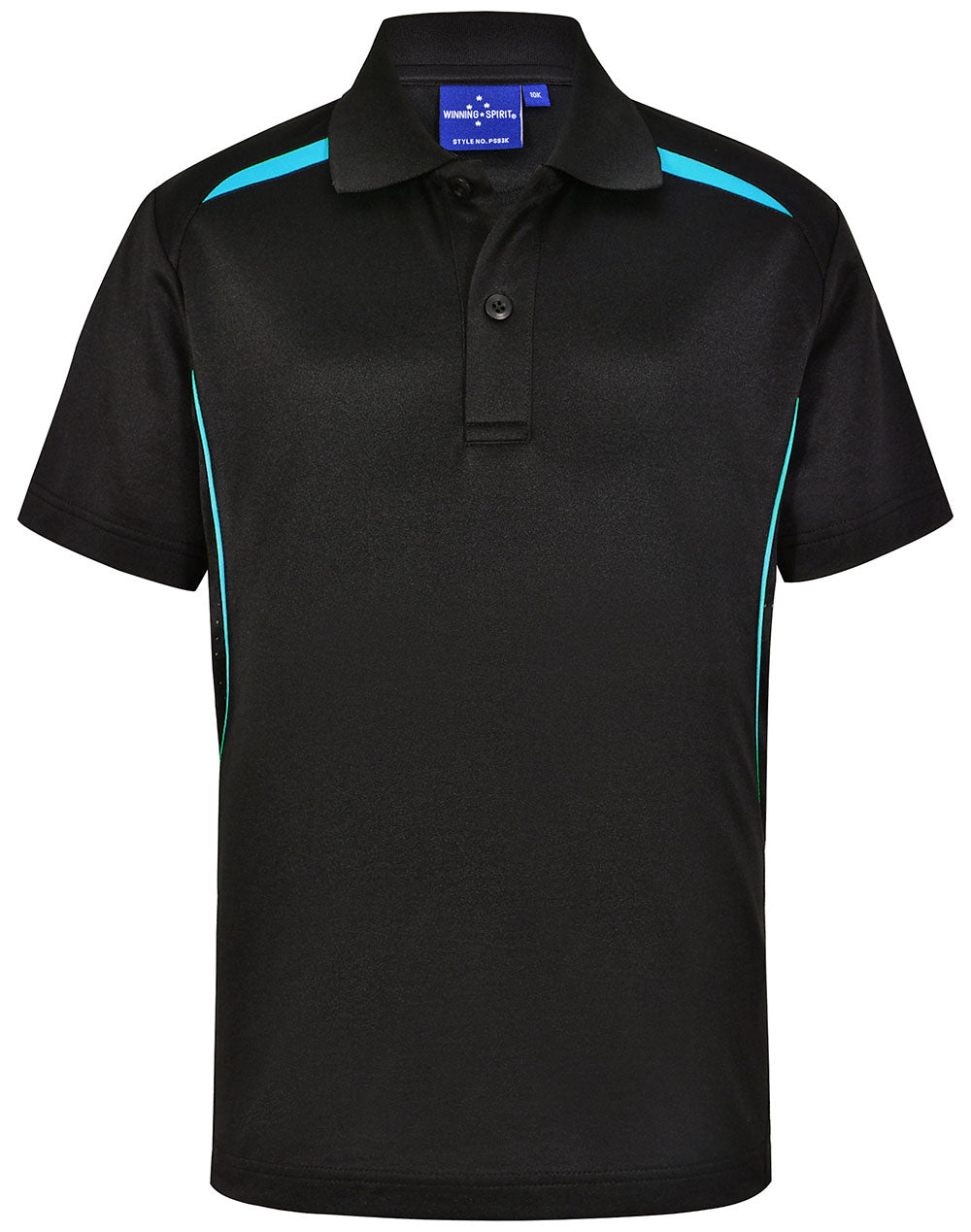 Kids Sustainable Poly/Cotton Contrast Ss Polo - Black/Aqua Blue - Front