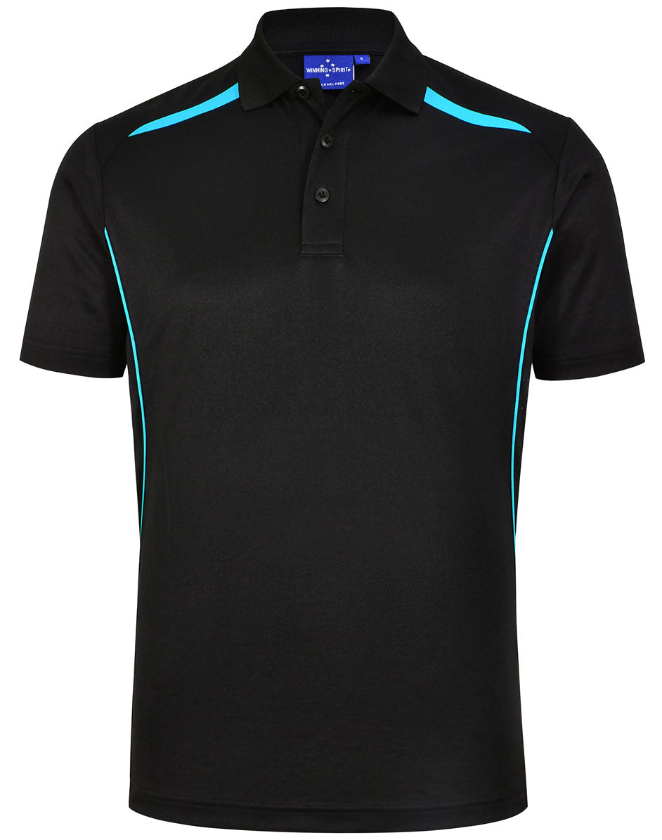 Mens Sustainable Poly/Cotton Contrast Ss Polo - Black/Aqua Blue - Front