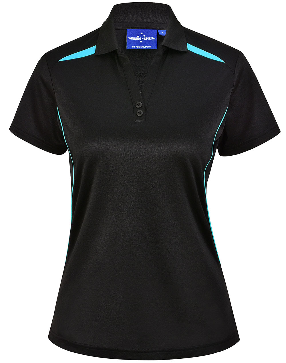 Ladies Sustainable Poly/Cotton Contrast Ss Polo - Black/Aqua Blue - Front