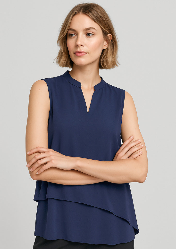 Seville Womens Sleeveless Layered Blouse - Navy - Model
