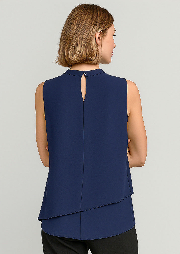 Seville Womens Sleeveless Layered Blouse - Navy - Model